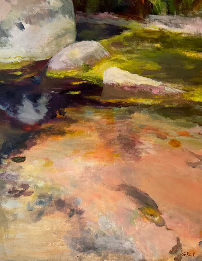 « Galets dans eau claire », huile sur toile de Geneviève Réal