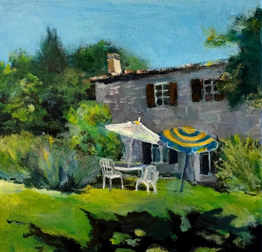 « Jardin aux parasols », huile sur toile de Geneviève Réal