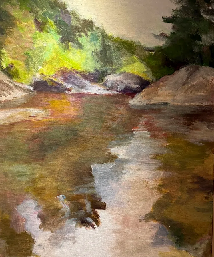 « Rivière, contre-jour », huile sur toile de Geneviève Réal