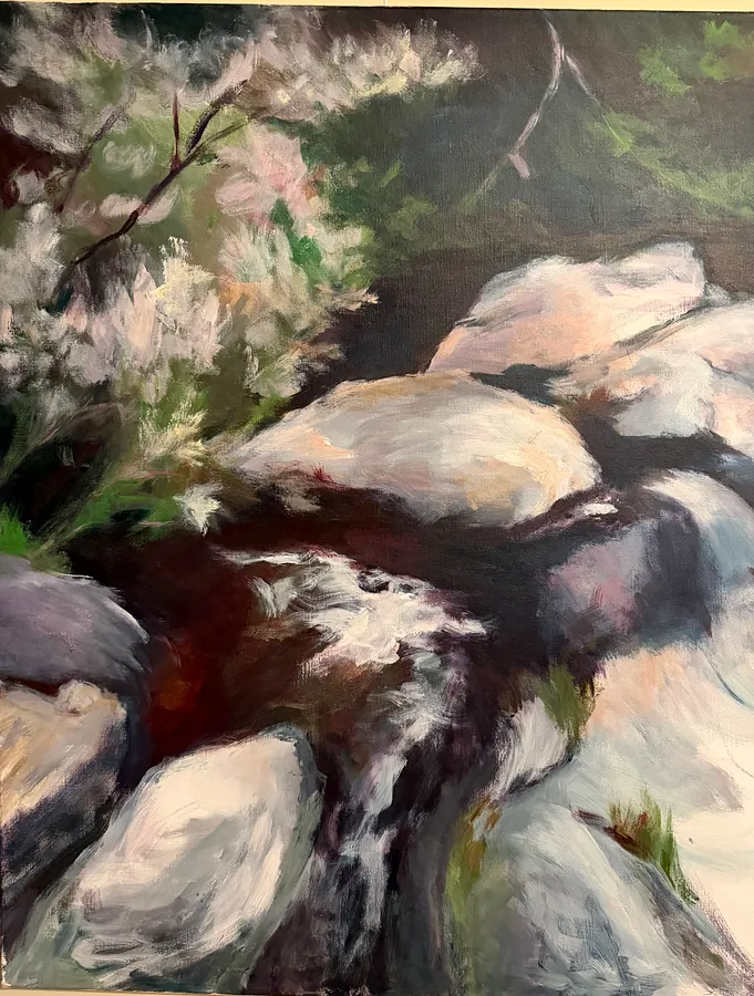 « Rochers et branches fleuries », huile sur toile de Geneviève Réal