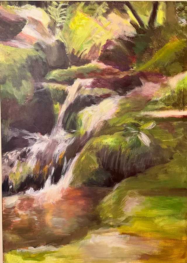 « Torrent en sous-bois », huile sur toile de Geneviève Réal