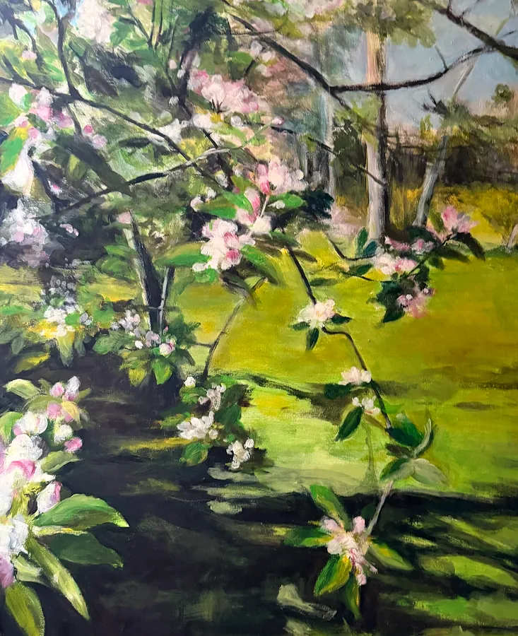 « Verger en fleurs », huile sur toile de Geneviève Réal